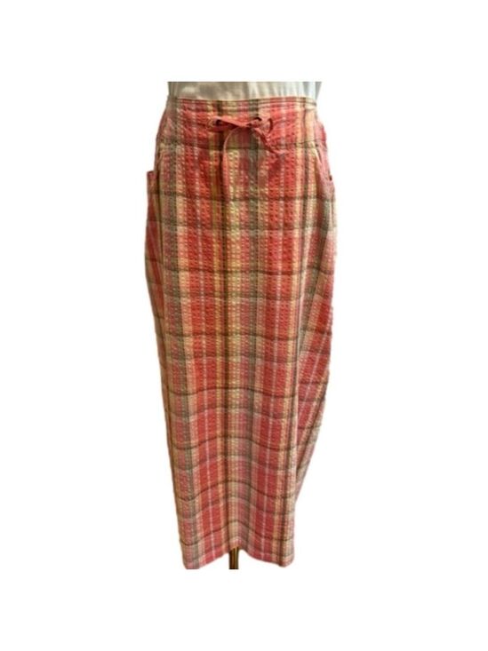 The J. Peterman Company Dresses & Skirts - J PETERMAN 90s PINK & OLIVE GREEN PLAID SEERSUCKER PENCIL MIDI SKIRT SZ 12